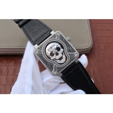 Bell-&-Ross BR01 Burning Skull Tattoo Watch Silver Dial Black Leather Strap WJ00247