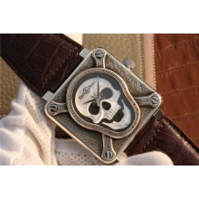 Bell-&-Ross BR01 Silver Case Burning Skull Tattoo Watch Silver Dial Leather Strap WJ00182