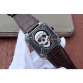 Luxury Bell-&-Ross BR01 Burning Skull Tattoo Watch Silver Dial Brown Leather Strap WJ00339